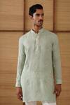 Buy_Arjan Dugal_Green Organza, Silk, Cotton Satin, Lycra Embroidery Gramophone Dori Kurta Set _Online_at_Aza_Fashions