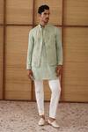 Buy_Arjan Dugal_Green Organza, Silk, Modal, Cotton Satin Gramophone Dori Nehru Jacket Set _at_Aza_Fashions