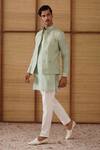 Shop_Arjan Dugal_Green Organza, Silk, Modal, Cotton Satin Gramophone Dori Nehru Jacket Set _Online_at_Aza_Fashions