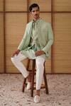 Buy_Arjan Dugal_Green Organza, Silk, Cotton Embroidery Sage Jaal Print Bandhgala Set _at_Aza_Fashions