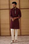 Buy_Arjan Dugal_Burgundy Organza, Cotton Satin, Lycra Embroidery Gramophone Dori Long Kurta Set _at_Aza_Fashions