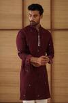 Arjan Dugal_Burgundy Organza, Cotton Satin, Lycra Embroidery Gramophone Dori Long Kurta Set _at_Aza_Fashions