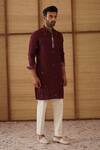 Arjan Dugal_Burgundy Organza, Cotton Satin, Lycra Embroidery Gramophone Dori Long Kurta Set _Online
