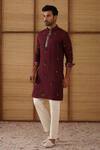 Shop_Arjan Dugal_Burgundy Organza, Cotton Satin, Lycra Embroidery Gramophone Dori Long Kurta Set _at_Aza_Fashions