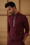 Buy_Arjan Dugal_Burgundy Organza, Cotton Satin, Lycra Embroidery Gramophone Dori Long Kurta Set _Online