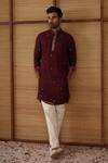 Shop_Arjan Dugal_Burgundy Organza, Cotton Satin, Lycra Embroidery Gramophone Dori Long Kurta Set _Online