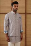 Shop_Arjan Dugal_Blue Chanderi, Modal, Cotton Satin Diamond Jaal Print Nehru Jacket Set _at_Aza_Fashions
