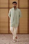 Buy_Arjan Dugal_Green Chanderi, Modal, Cotton Satin Embroidery Sage Jaal Print Nehru Jacket Set _at_Aza_Fashions