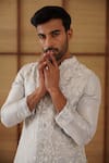 Buy_Arjan Dugal_Gray Organza, Silk, Cotton Satin, Lycra Beads Nehru Jacket Set _Online_at_Aza_Fashions