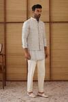 Shop_Arjan Dugal_Gray Organza, Silk, Cotton Satin, Lycra Beads Nehru Jacket Set _at_Aza_Fashions