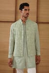 Buy_Arjan Dugal_Green Organza, Cotton Satin, Lycra Beads, Beaded Sage Nehru Jacket Set _Online_at_Aza_Fashions