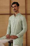 Arjan Dugal_Green Organza, Cotton Satin, Lycra Beads, Beaded Sage Nehru Jacket Set _at_Aza_Fashions