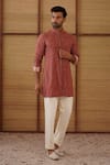 Shop_Arjan Dugal_Brown Organza, Silk, Cotton Satin, Lycra Embroidery Beads Kurta Set _at_Aza_Fashions