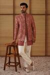 Buy_Arjan Dugal_Brown Organza, Silk, Cotton Satin, Lycra Beads Banarasi Bandhgala Set _at_Aza_Fashions