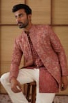 Buy_Arjan Dugal_Brown Organza, Silk, Cotton Satin, Lycra Beads Banarasi Bandhgala Set _Online_at_Aza_Fashions