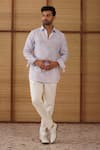 Shop_Arjan Dugal_Blue Linen, Cotton Satin, Lycra Floral Printed Shirt Pant Set _at_Aza_Fashions
