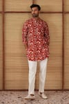 Buy_Arjan Dugal_Rust Linen, Cotton Satin, Lycra Bouquet Print Short Kurta Set _at_Aza_Fashions