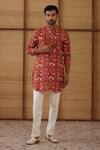 Arjan Dugal_Rust Linen, Cotton Satin, Lycra Bouquet Print Short Kurta Set _at_Aza_Fashions