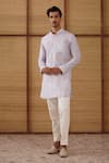 Buy_Arjan Dugal_Blue Linen, Cotton Satin, Lycra Floral Printed Kurta Set _at_Aza_Fashions