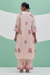 Shop_Priya Chaudhary_Peach Linen Embroidery Mandarin Collar Block Print Kurta Set _at_Aza_Fashions