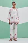 Buy_Priya Chaudhary_White Linen Embroidery V-neck Blockprint Pant Set _at_Aza_Fashions