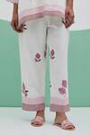 Priya Chaudhary_White Linen Embroidery V-neck Blockprint Pant Set _at_Aza_Fashions