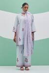 Buy_Priya Chaudhary_Sky Blue Linen Embroidery V-neck Block Print Kurta Set _at_Aza_Fashions