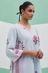 Priya Chaudhary_Sky Blue Linen Embroidery V-neck Block Print Kurta Set _at_Aza_Fashions