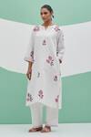 Buy_Priya Chaudhary_White Linen Embroidery Split V-neck Block Print Kurta Set _Online_at_Aza_Fashions