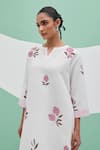 Shop_Priya Chaudhary_White Linen Embroidery Split V-neck Block Print Kurta Set _Online_at_Aza_Fashions
