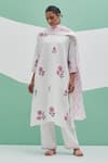 Buy_Priya Chaudhary_White Linen Embroidery Split V-neck Block Print Kurta Set _at_Aza_Fashions