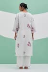 Shop_Priya Chaudhary_White Linen Embroidery Split V-neck Block Print Kurta Set _at_Aza_Fashions
