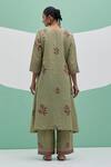 Shop_Priya Chaudhary_Green Linen Embroidery V-neck Block Print Kurta Set _at_Aza_Fashions