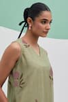 Priya Chaudhary_Green Linen Embroidery V-neck Block Print Dress _Online_at_Aza_Fashions