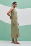 Buy_Priya Chaudhary_Green Linen Embroidery V-neck Block Print Dress _Online_at_Aza_Fashions