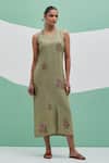 Buy_Priya Chaudhary_Green Linen Embroidery V-neck Block Print Dress _at_Aza_Fashions