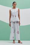 Buy_Priya Chaudhary_Sky Blue Linen Embroidery Round Neck Blockprint Pant Set _at_Aza_Fashions