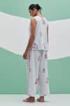 Shop_Priya Chaudhary_Sky Blue Linen Embroidery Round Neck Blockprint Pant Set _at_Aza_Fashions