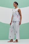Shop_Priya Chaudhary_Sky Blue Linen Embroidery Round Neck Blockprint Pant Set _Online_at_Aza_Fashions