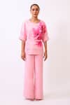 Baani Khurana_Pink Cotton, Linen Embroidery Round Neck Floral Print Top And Pant Set _Online_at_Aza_Fashions