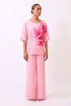 Buy_Baani Khurana_Pink Cotton, Linen Embroidery Round Neck Floral Print Top And Pant Set _Online_at_Aza_Fashions