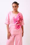 Shop_Baani Khurana_Pink Cotton, Linen Embroidery Round Neck Floral Print Top And Pant Set 