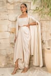 Buy_J By Jannat_Off White Satin, Shantoon Beads Open Neck, Embroidered Cape And Draped Skirt Set _at_Aza_Fashions
