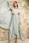 J By Jannat_Blue Satin Beads, Embroidery Open , Square Bustier And Draped Skirt Set _Online_at_Aza_Fashions