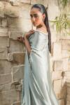 Buy_J By Jannat_Blue Satin Beads, Embroidery Open , Square Bustier And Draped Skirt Set 