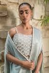 Shop_J By Jannat_Blue Satin Beads, Embroidery Open , Square Bustier And Draped Skirt Set 
