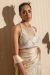 J By Jannat_Beige Satin, Chiffon, Shantoon Embroidery, Beads Pre-draped Saree With Blouse _at_Aza_Fashions
