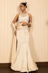 Buy_J By Jannat_Beige Satin, Chiffon, Shantoon Embroidery, Beads Pre-draped Saree With Blouse _at_Aza_Fashions