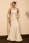 Buy_J By Jannat_Beige Satin, Chiffon, Shantoon Embroidery, Beads Pre-draped Saree With Blouse 