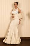 Shop_J By Jannat_Beige Satin, Chiffon, Shantoon Embroidery, Beads Pre-draped Saree With Blouse 